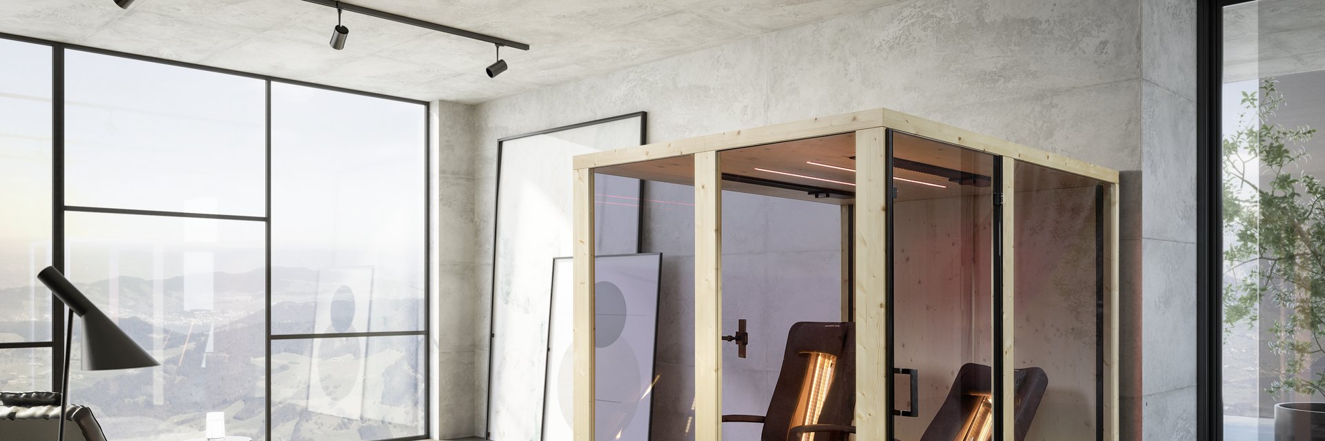 Inframedic Varia Premium Infrarot-Doppelkabine mit zwei Liegen und Infrarotstrahlern in einem Wohnraum