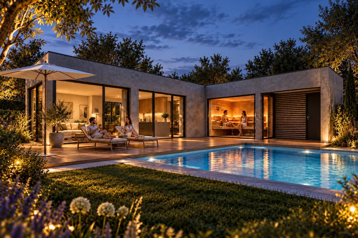 Das LE Chalet am Abend: Wohnbereich, Küche und Sauna sind von innen beleuchtet, davor Terrasse und Pool