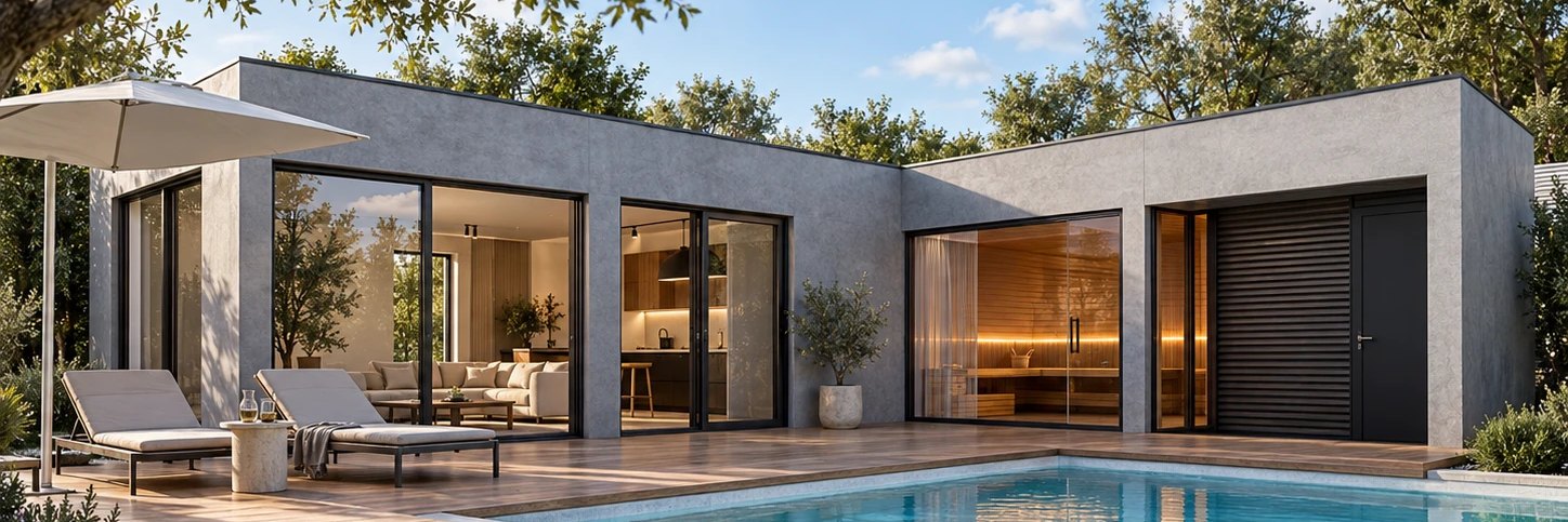 LE Chalet am Pool: L-f&ouml;rmiger Bauk&ouml;rper mit grauer Fassade, raumhoher Verglasung, Holzterrasse und beleuchtetem Saunabereich