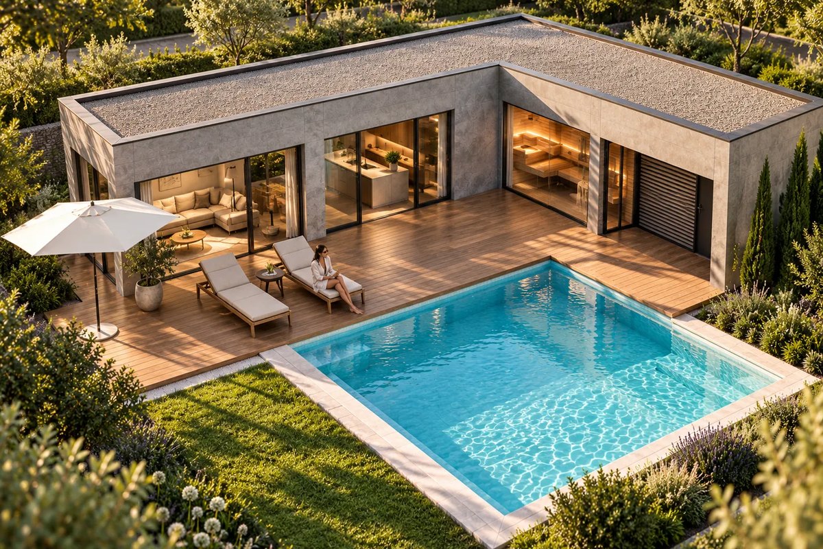Luftansicht des LE Chalet: Der L-förmige Baukörper fasst die Holzterrasse mit Liegen an zwei Seiten ein, davor der Pool