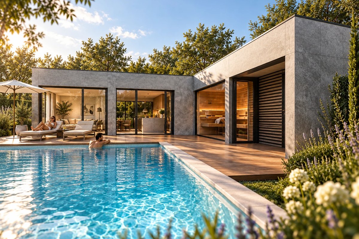 Das LE Chalet vom Pool aus gesehen: L-förmiger Baukörper mit raumhoher Verglasung, Holzterrasse mit Liegen und Sonnenschirm