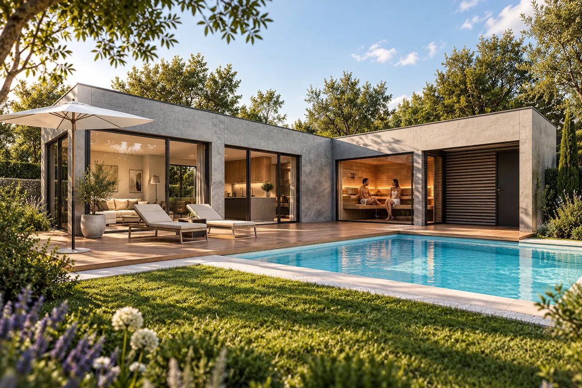 Visualisierung des LE Chalet: L-f&ouml;rmiger Bauk&ouml;rper mit Terrasse, Pool und verglaster Sauna