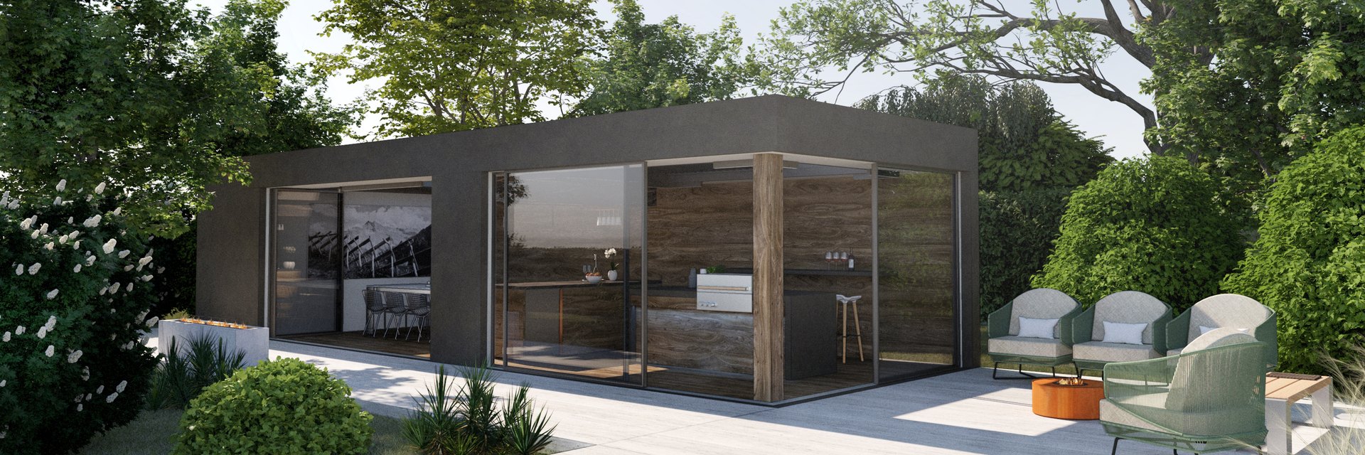 LE Cooking- und DiningCube mit raumhoher Verglasung, Au&szlig;enk&uuml;che und Loungem&ouml;beln auf einer hellen Terrasse