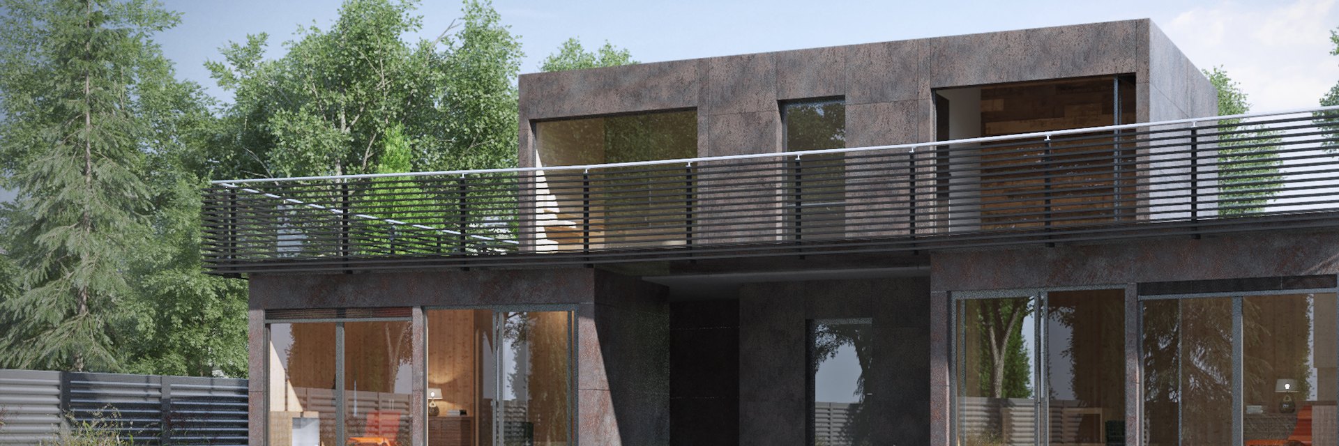 LE House of Spa's: zweigeschossiger Spa-Baukoerper mit Cortenstahl-Fassade, umlaufender Dachterrasse mit Lamellengelaender und raumhohen Glasfronten