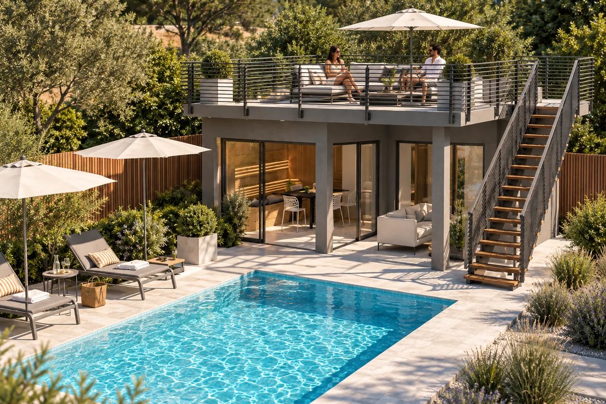 Die Dachterrasse der LE Lodge aus leichter Vogelperspektive: Sitzgruppe und Schirm oben, seitlich die Außentreppe, darunter der verglaste Wohnbereich und der Pool