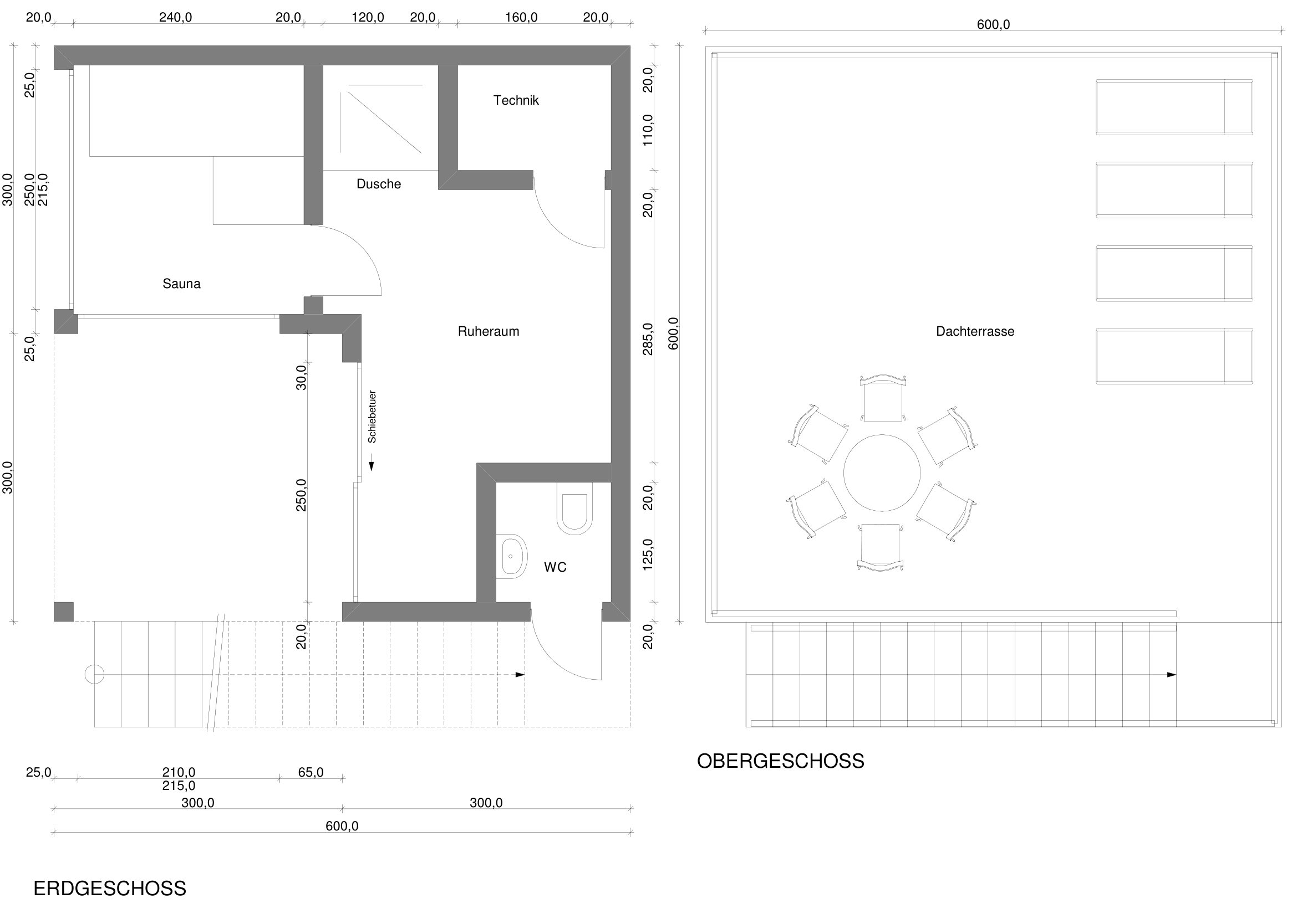 LE Lodge &ndash; Grundriss, Planblatt mit Erdgeschoss (Sauna, Dusche, Technik, Ruheraum, WC) und Dachterrasse