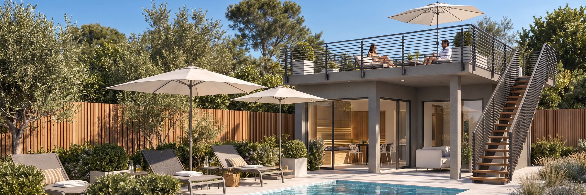 Visualisierung der LE Lodge: Modulgeb&auml;ude mit Dachterrasse, Au&szlig;entreppe, Sonnenschirmen, Liegen und Pool