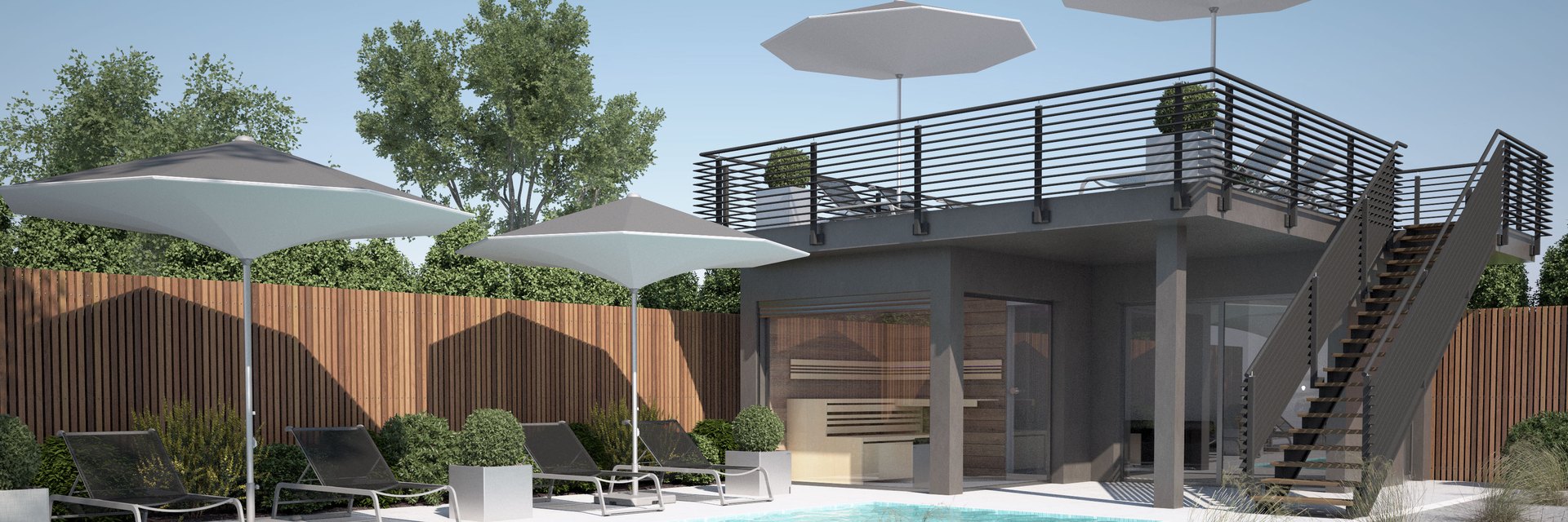 Visualisierung der LE Lodge: Modulgeb&auml;ude mit Dachterrasse, Au&szlig;entreppe, Sonnenschirmen, Liegen und Pool