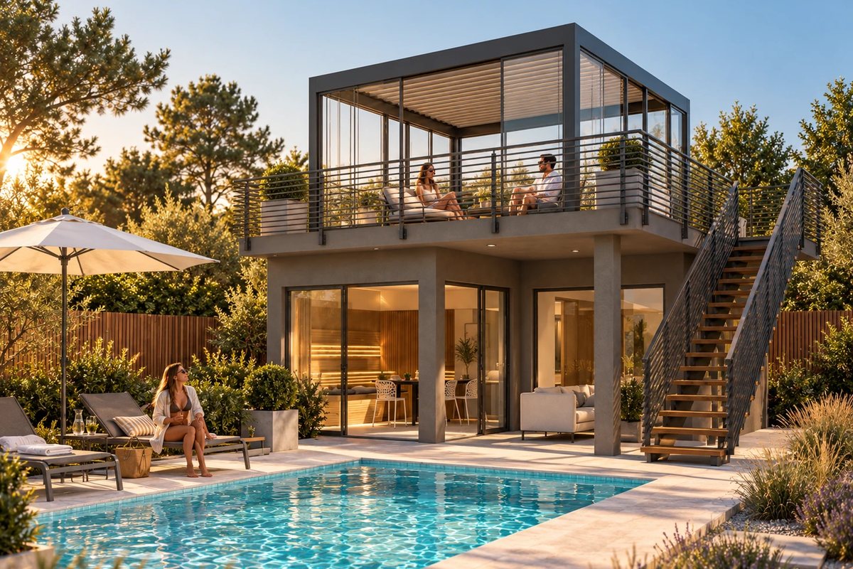 Die LE Lodge mit Pergola im Abendlicht: über der Dachterrasse eine Lamellenpergola, unten der verglaste Wohnbereich, davor der Pool