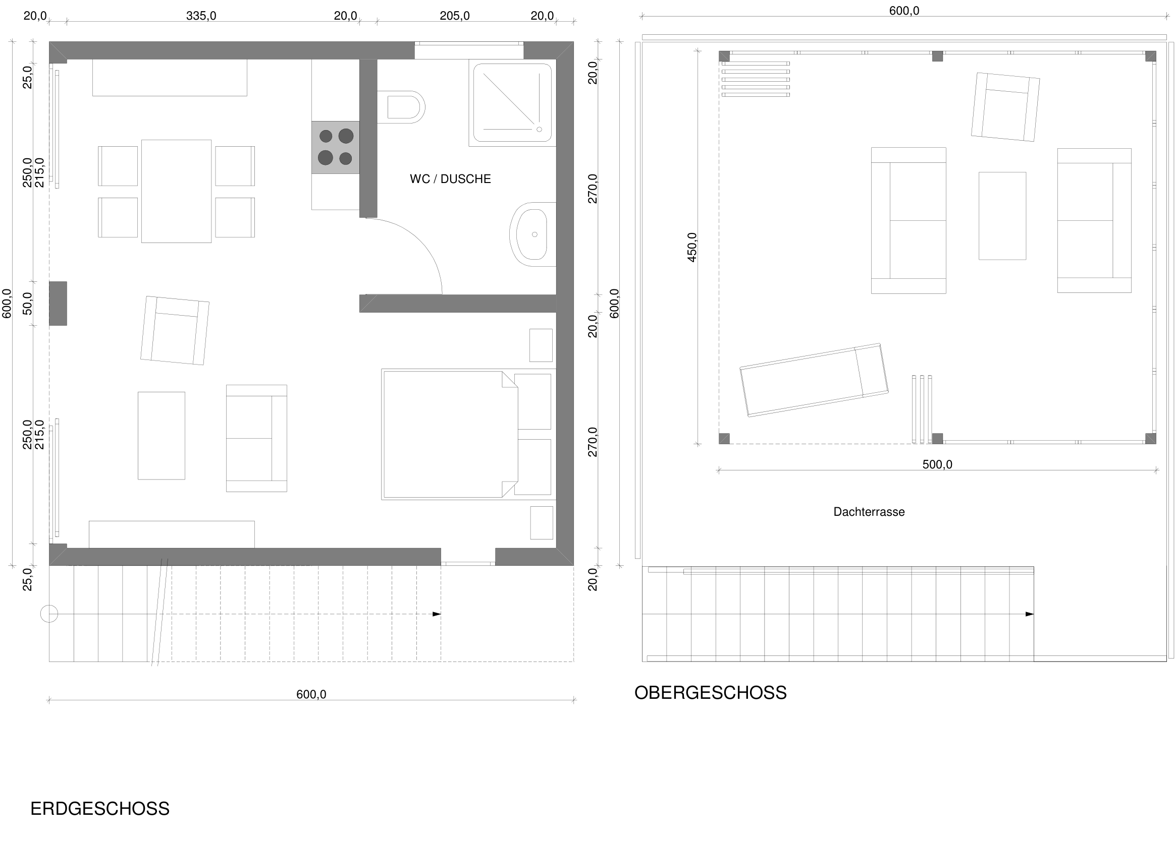 LE Lodge mit Pergola &ndash; Grundriss, Planblatt mit Erdgeschoss (Wohnen, K&uuml;che, Schlafen, WC/Dusche) und Dachterrasse mit Pergola
