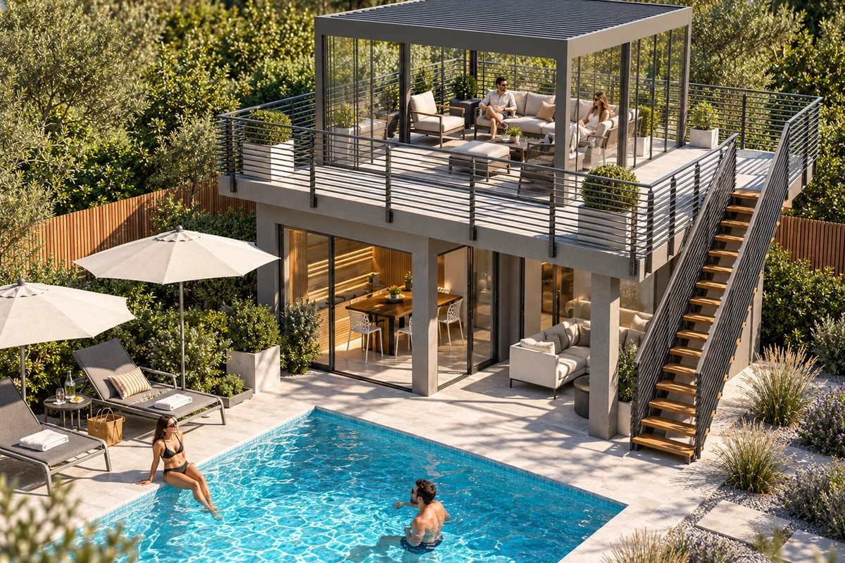 Blick von oben auf die LE Lodge mit verglaster Dachpergola, Sofas und Sesseln auf der Dachterrasse, darunter Wohnbereich und Pool
