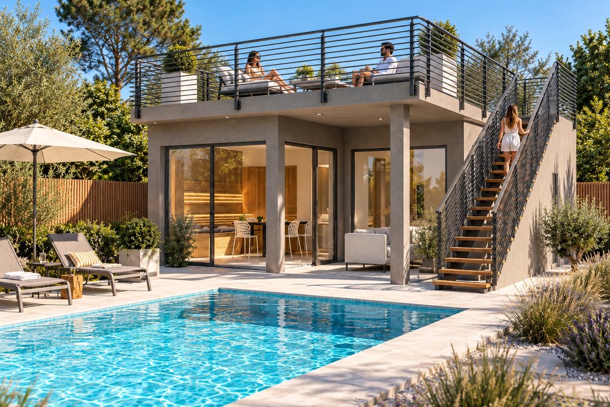 Die LE Lodge bei Tag: oben Liegen auf der Dachterrasse, unten die verglaste Front mit Sauna und Lounge, davor ein Pool, rechts die Außentreppe