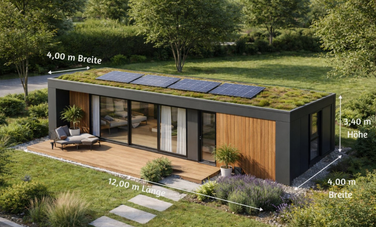 Das LE MicroHouse 2026 in der Au&szlig;enansicht, beschriftet mit 12,00 m L&auml;nge, 4,00 m Breite und 3,40 m H&ouml;he