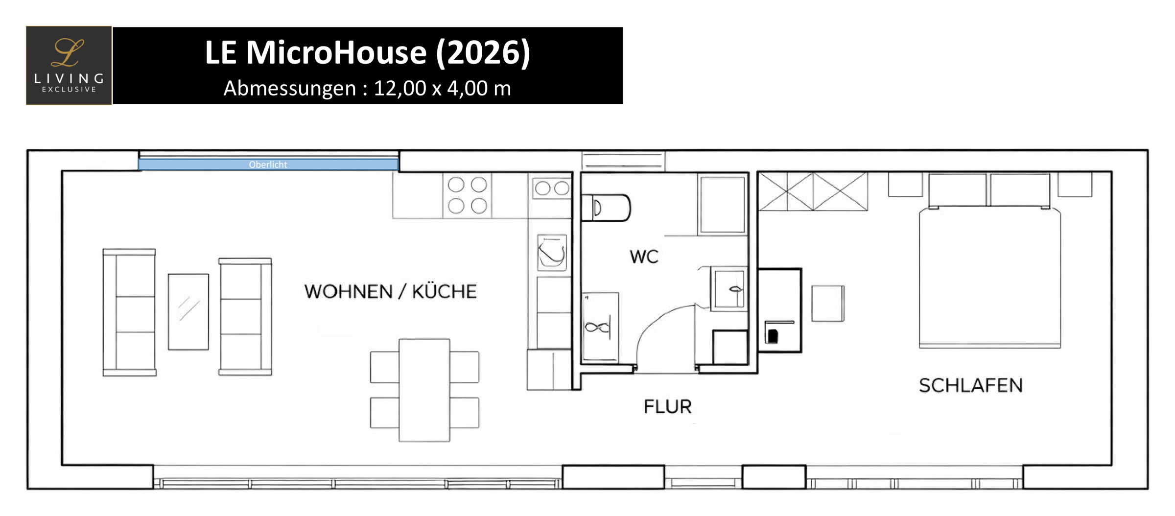 LE MicroHouse 2026 &ndash; Grundriss, Planblatt mit Wohnen/K&uuml;che, WC, Flur und Schlafen