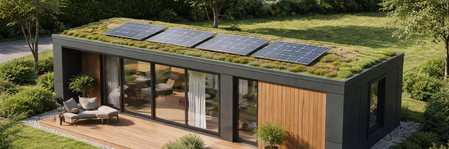 Visualisierung des LE MicroHouse 2026: dunkler Bauk&ouml;rper mit Holzverkleidung, begr&uuml;ntem Dach mit Photovoltaik und vorgelagerter Holzterrasse