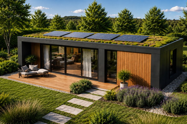 Visualisierung des LE MicroHouse 2026: langgestreckter Bauk&ouml;rper mit Holzfassade, begr&uuml;ntem Dach und Terrasse