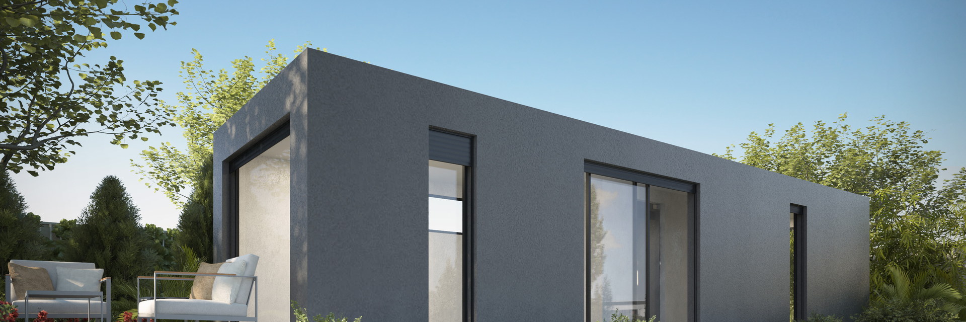 Visualisierung des LE MicroHouse: anthrazitfarbene Putzfassade, umlaufende Dachkante, raumhohe Fensterelemente und eine vorgelagerte Terrasse