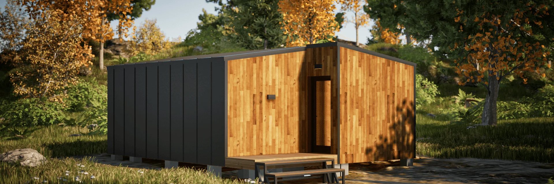 Visualisierung: Palladium Mini Vibe, Au&szlig;enansicht des Moduls in Holzrahmenbauweise