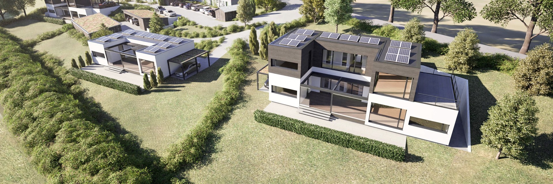 Visualisierung der LE Parkwohnanlage Kutzenberg: zwei zweigeschossige Modulgeb&auml;ude mit Photovoltaik, auskragenden Obergeschossen und Carports in einer Parkanlage