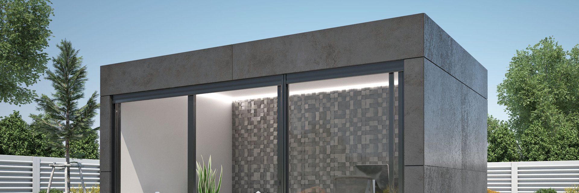 Visualisierung des LE OfficeCube: Gartenb&uuml;ro mit Betonoptik-Fassade, raumhoher Verglasung und eingerichtetem Arbeitsplatz