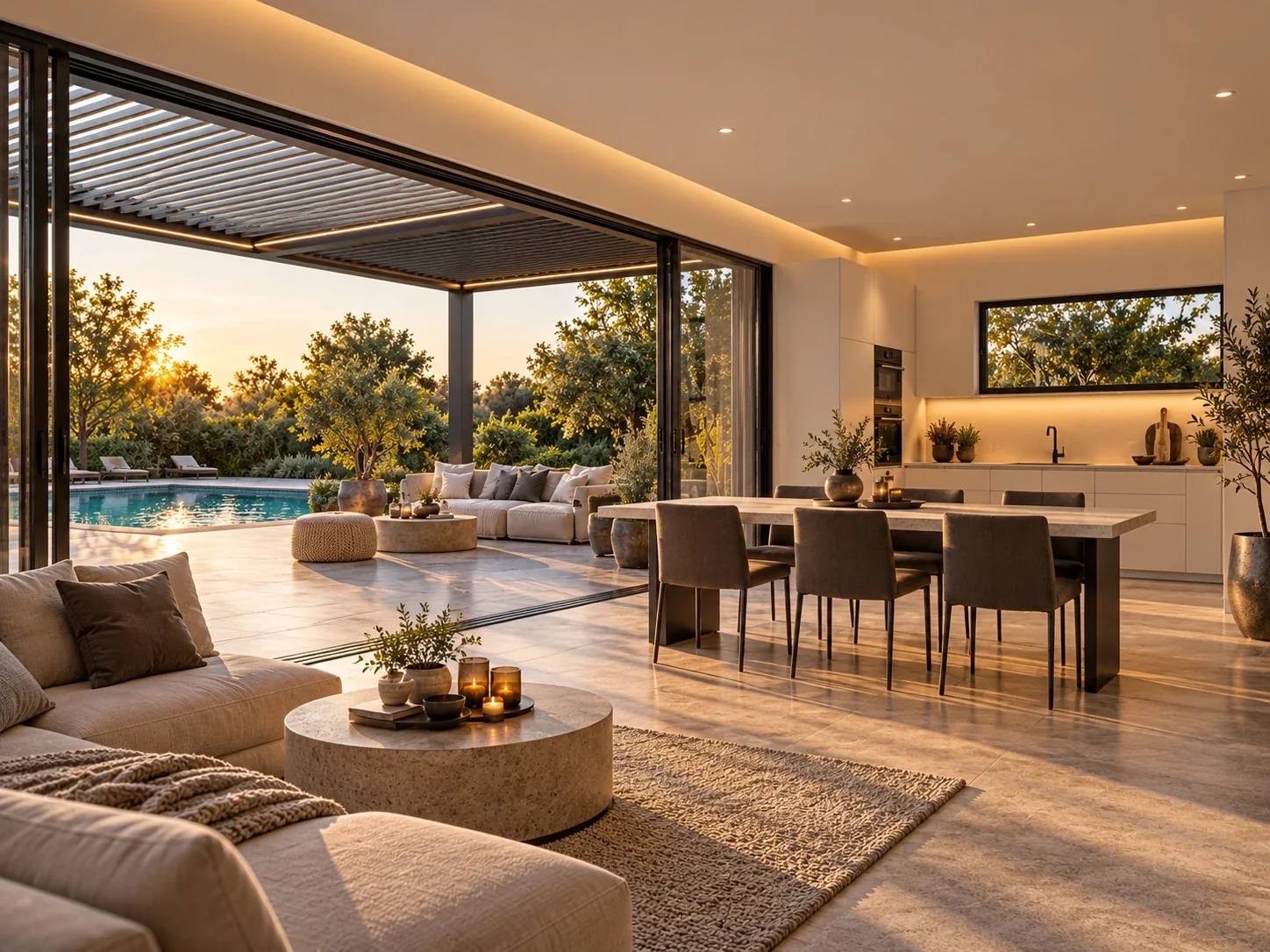 Gestaltungsbeispiel: offener Wohn- und Essbereich mit Blick durch die geöffnete Glaswand auf Pergola und Garten