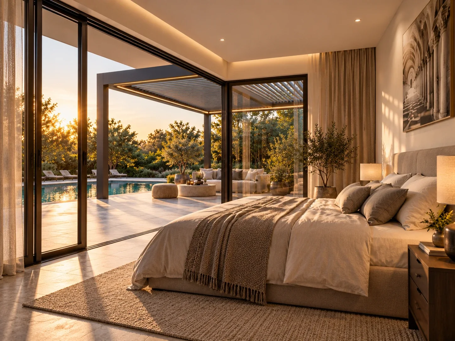 Gestaltungsbeispiel: Schlafbereich mit Glasfront zur Terrasse und Pergola im Abendlicht