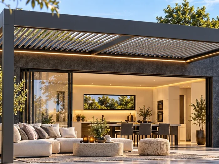 Vorgelagerte Lamellen-Pergola über der Terrasse