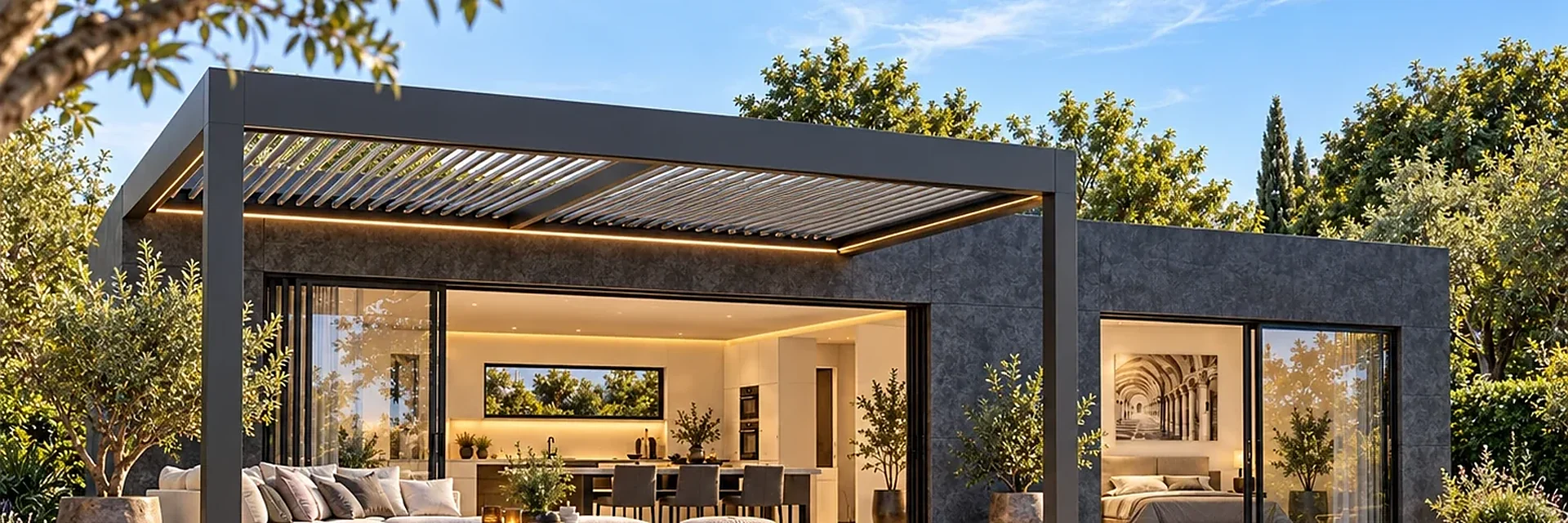 Gartengeb&auml;ude mit anthrazitfarbener Fassade, Pergola, offener Glasfront und Terrasse bei Tageslicht