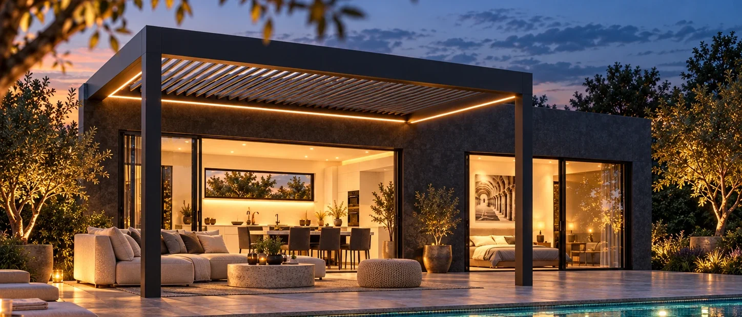 Gartengebäude in der Abenddämmerung mit warm beleuchtetem Innenraum, Pergola und Terrasse