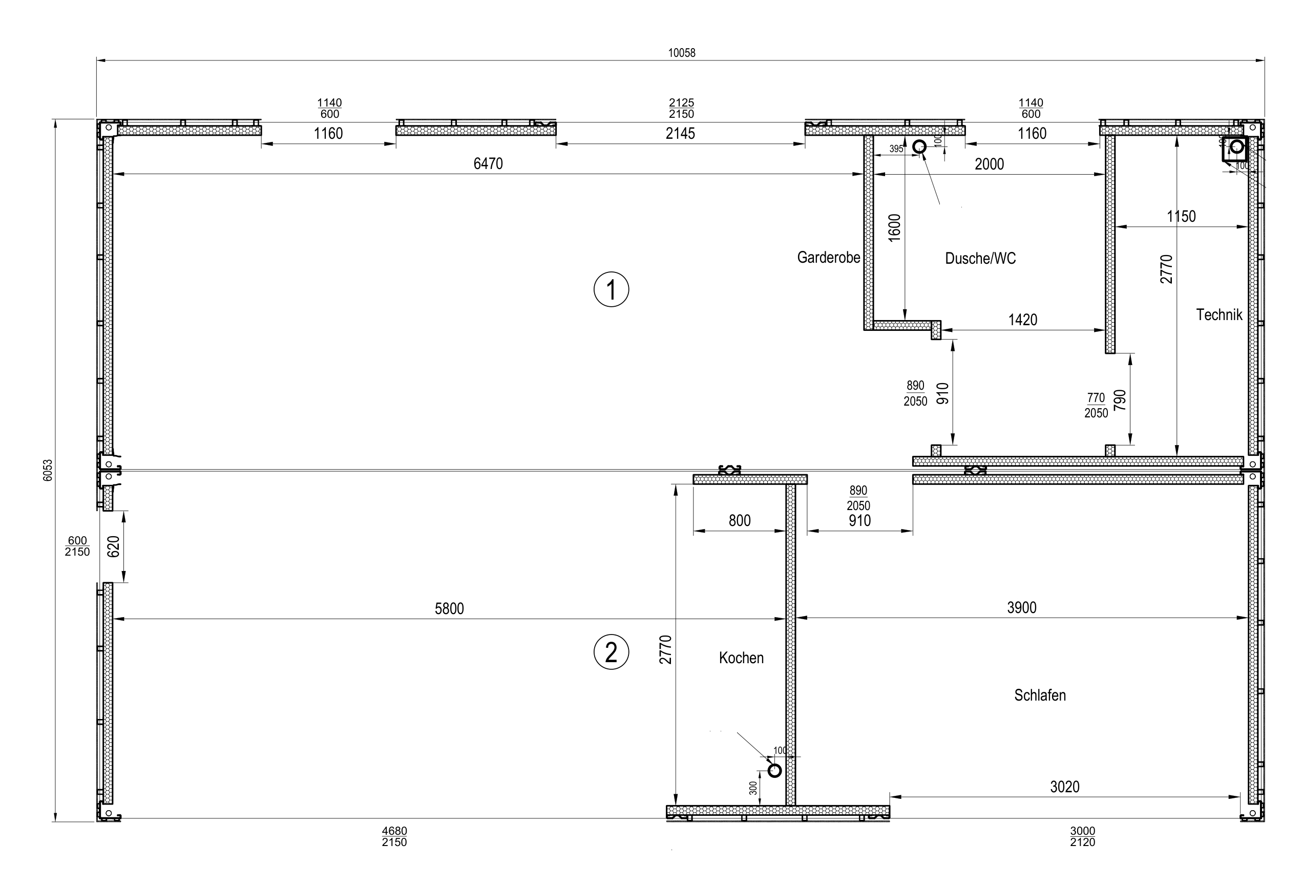 Werkplan eines LE Poolhouse mit zwei Modulen, Ma&szlig;e in Millimetern