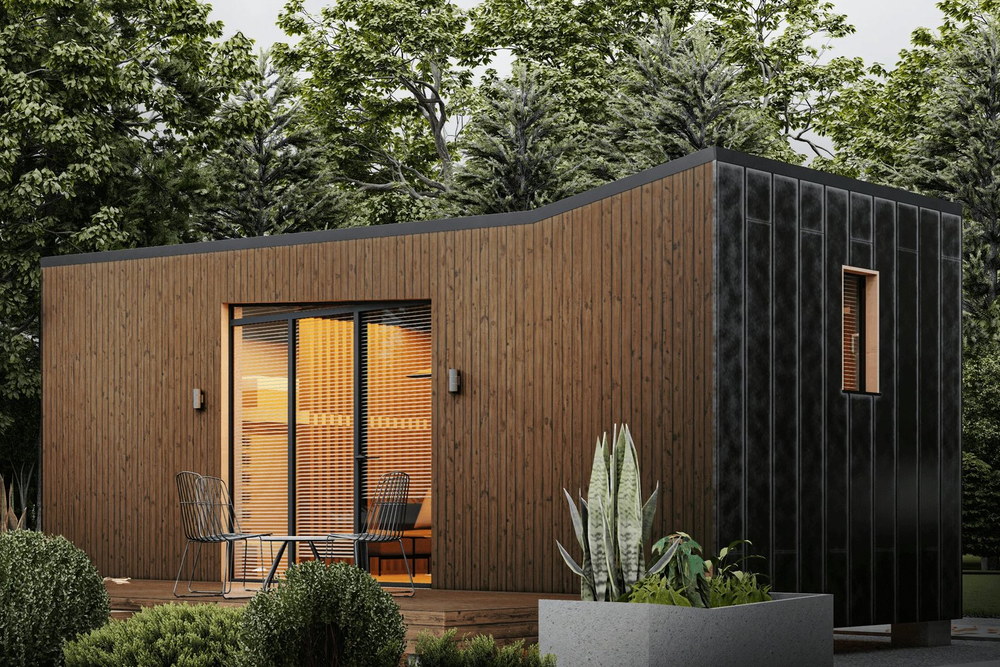Visualisierung eines Modulhauses in Holzrahmenbauweise mit Holzfassade und raumhoher Schiebet&uuml;r