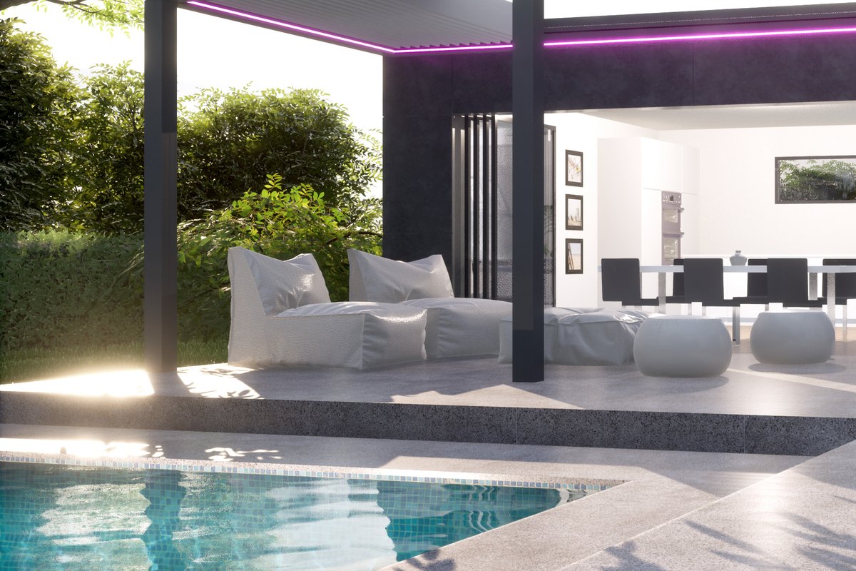 Visualisierung eines LE Poolhouse: türkiser Pool über die gesamte Bildbreite im Vordergrund, dahinter der anthrazitfarbene Baukörper mit Lamellendach, Loungemöbeln und raumhoher Verglasung zum Wohnraum