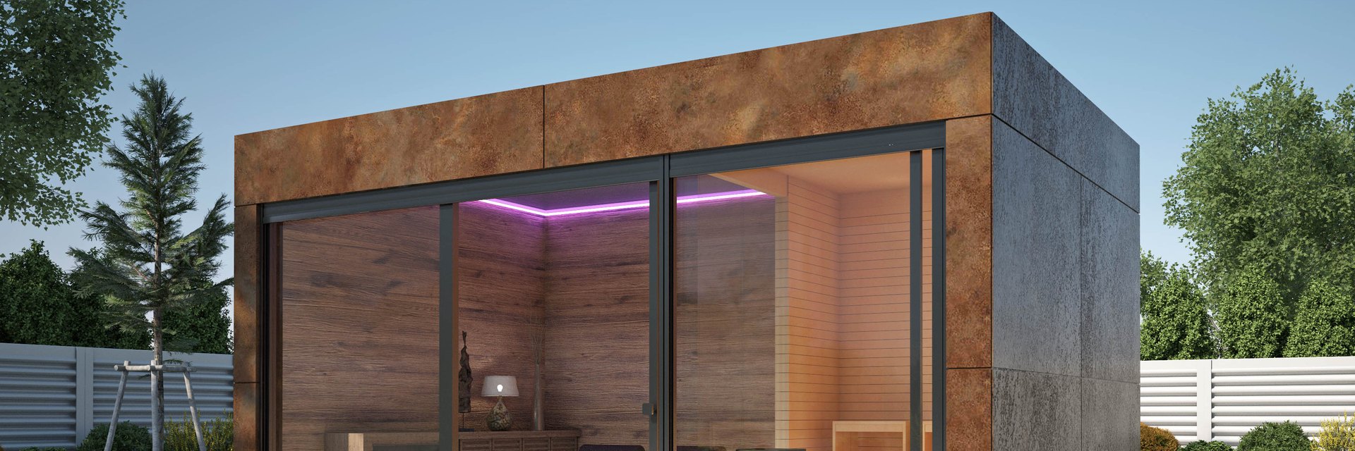 Visualisierung des LE SaunaCube mit Corten-Fassade: raumhohe Verglasung, Saunabank und Liegen im warm beleuchteten Innenraum