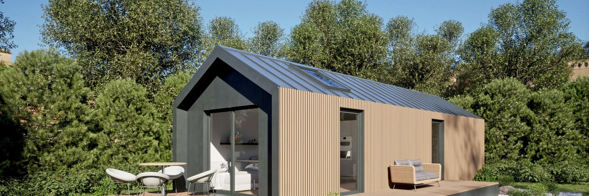 Visualisierung des LE TinyHouse Premium I mit Satteldach, senkrechter Holzschalung und vorgelagerter Holzterrasse