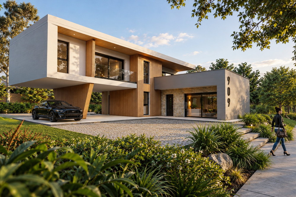 Visualisierung der Palladium Villa 909 im Abendlicht, zweigeschossiger Bauk&ouml;rper mit auskragendem Obergeschoss