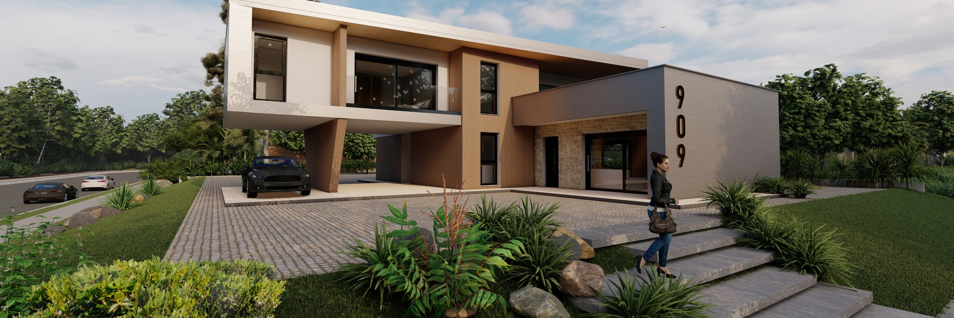 Visualisierung der Palladium Villa 909: zweigeschossige Villa mit auskragendem Obergeschoss auf einer St&uuml;tze, Natursteinsockel und Vorfahrt