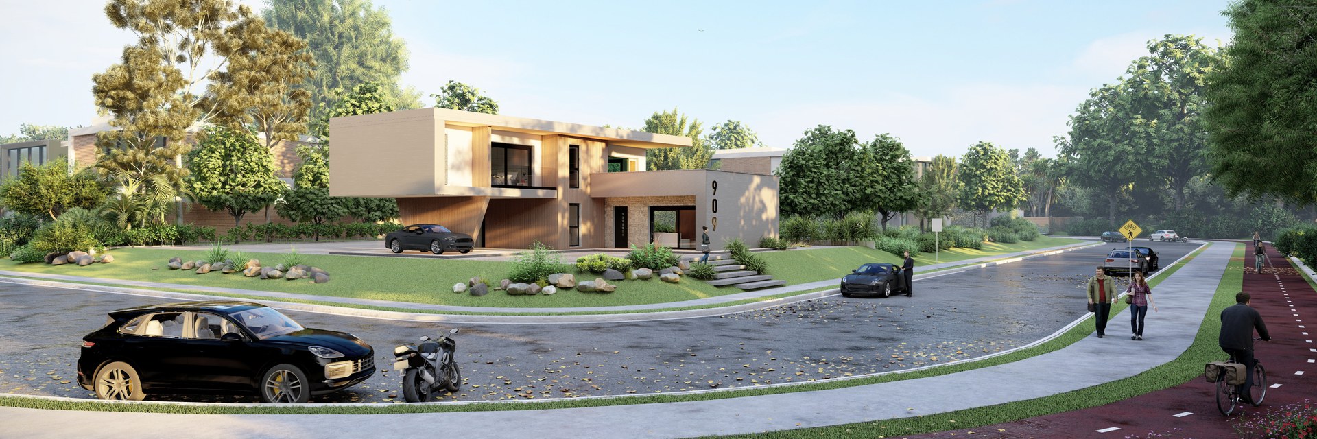 Visualisierung einer Palladium Villa im Stra&szlig;enraum: zweigeschossiger Bauk&ouml;rper mit auskragendem Obergeschoss in einer begr&uuml;nten Wohnstra&szlig;e